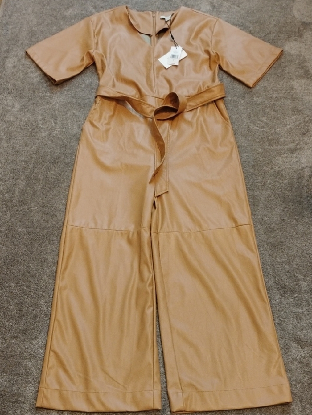 H By Halston NWT Cappuccino Faux Leather Belted Jumpsuit